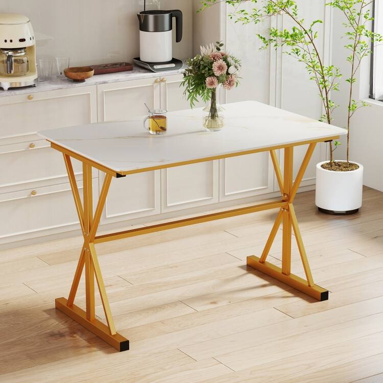 Golden and White Sintered Stone Dining Table with Metal Frame 135 lbs Capacity - 44" x 28" x 30"