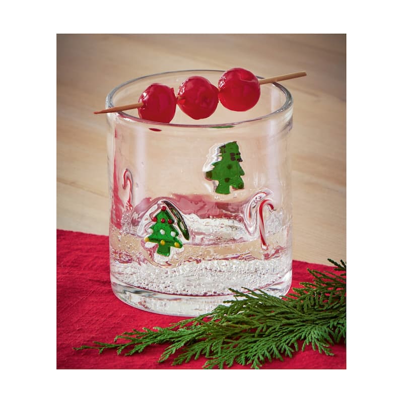 Christmas Tree & Candy Cane Clear Glass Double Old Fashion, 16 oz - Multicolor
