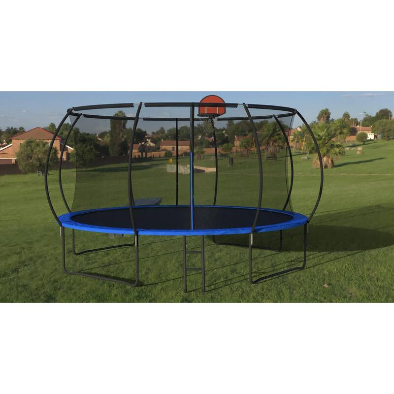 14 FT Pumpkin Trampoline, Outdoor Trampoline with Basketball Hoop, Enclosure Net and Ladder - Black+Blue