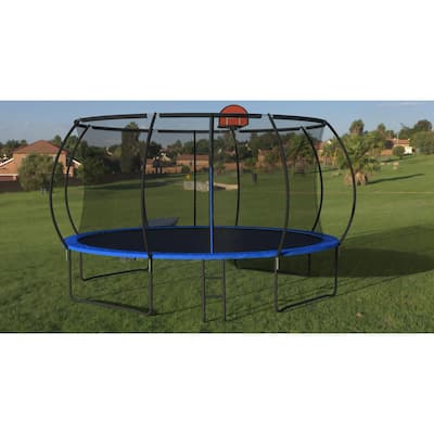 14 FT Pumpkin Trampoline, Outdoor Trampoline with Basketball Hoop, Enclosure Net and Ladder