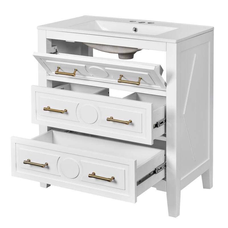 30-Inch Retro Green Bathroom Vanity with Ceramic Sink, Solid Wood Frame, and Soft-Close Drawers