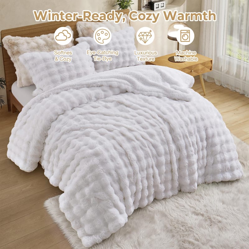 3 Pieces Fluffy Faux Rabbit Fur Comforter Set, Plush Fuzzy Bedding Set for Winter