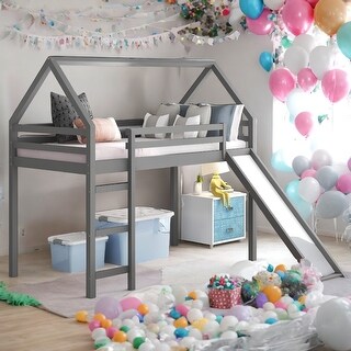 Twin Size Loft Bed with Slide, House Bed with Slide,Multi-Functional House Children's Wooden Loft Bed