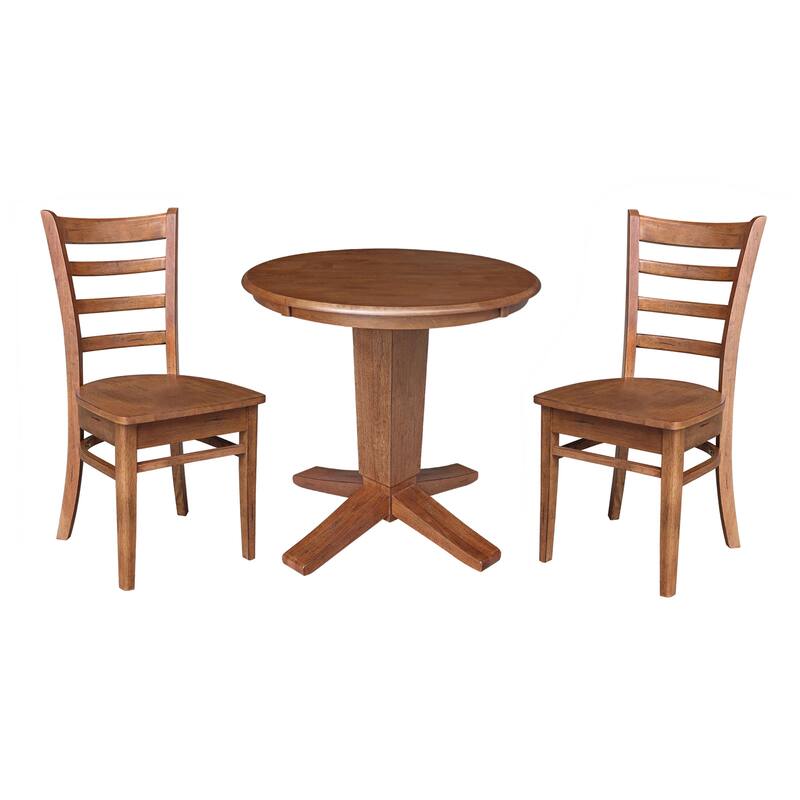 30 in Solid Wood Round Top Pedestal Dining Table with 2 Dining Chairs - Distressed Oak