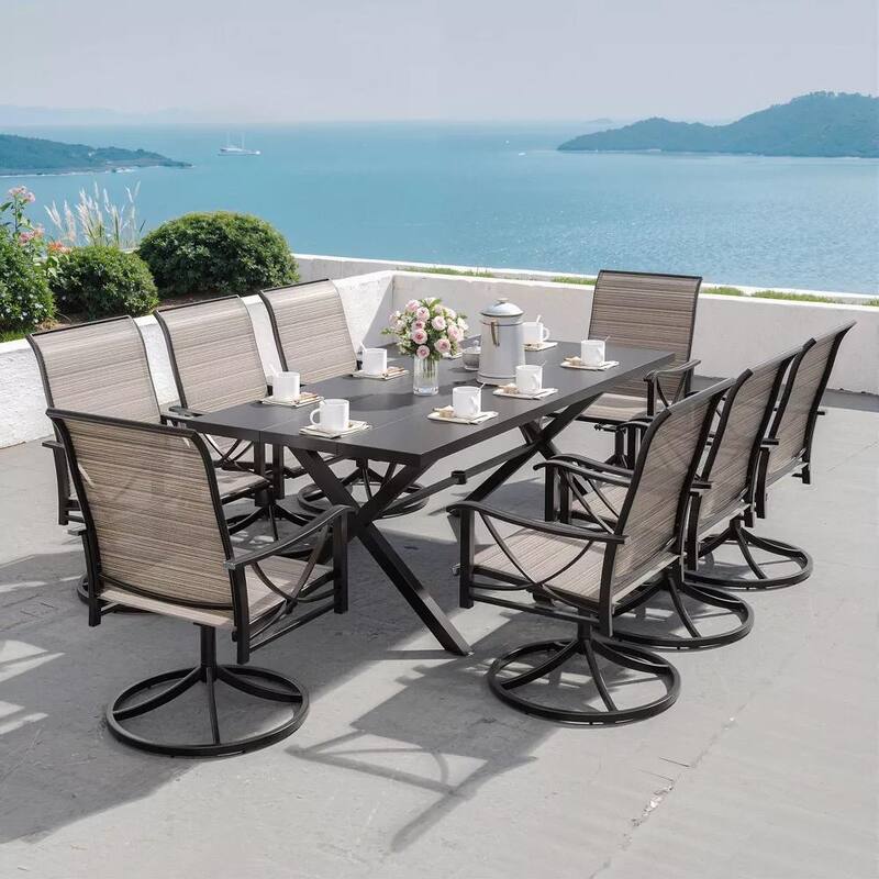 Kullavik Textilene Outdoor Dining Set, Patio Dining Set with Single Chairs, Swivel Chairs and Large Table - 8 Swivel Chairs