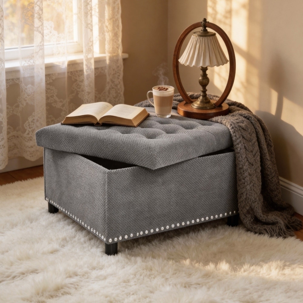 Square Storage Nailhead Trim Ottoman