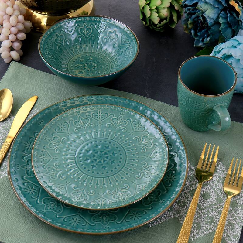 Intricate Emobssed Pattern in Seafoam Green Round Stoneware Dinnerware Set 16 Pieces