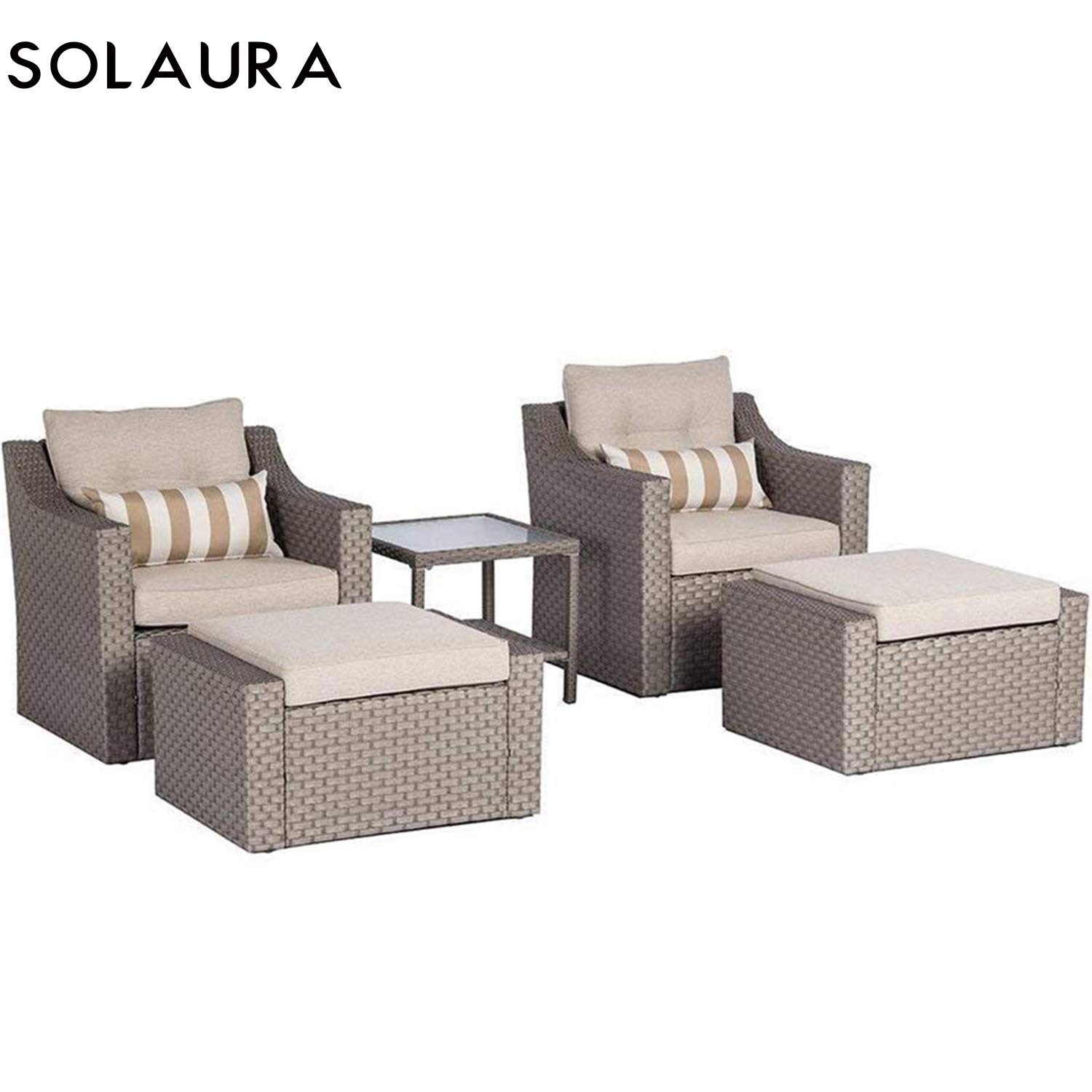 Solaura Sofa Sets 5-Piece Outdoor Furniture Set Brown Wicker Lounge Chair /& Ottoman with Neutral Beige Cushions /& Glass Coffee Side Table Solaura Patio