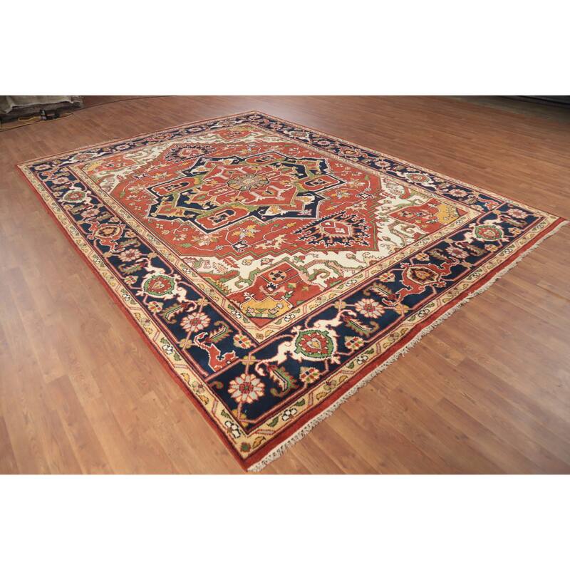 Orange Geometric Heriz Serapi Indian Area Rug Hand-Knotted Wool Carpet - 8'11" x 11'11"
