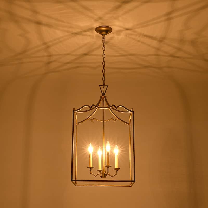 Vintage 4-Light Candle Aged Gold Iron Square Cage Pendant Lantern