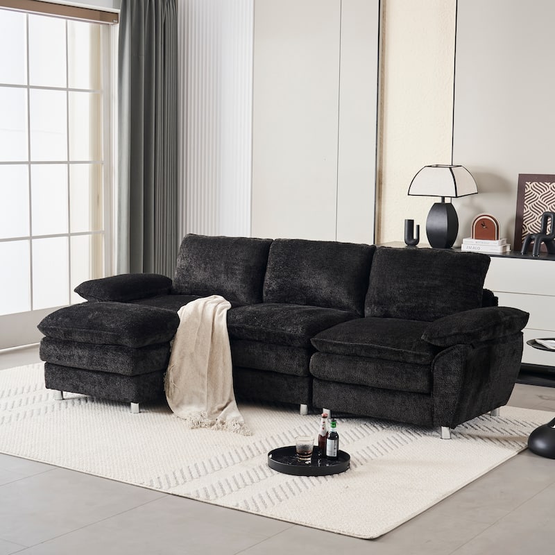 Modern Polyester Deep 3-Seater Sofa Couch with Ottoman