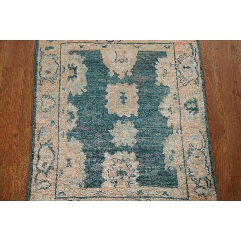 Hand Knotted Oriental 100% Wool Carpet Transitional Geometric Green Oushak Area Rug - 2' 10'' X 2' 1''