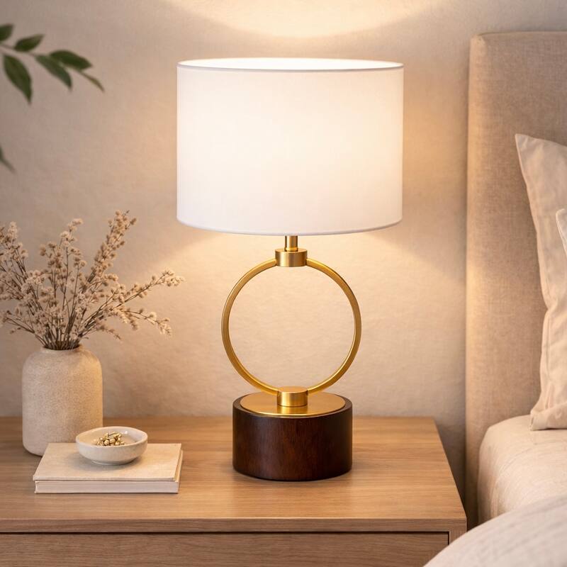 Colly Brass Ring Table Lamp with Wooden Base - Walnut