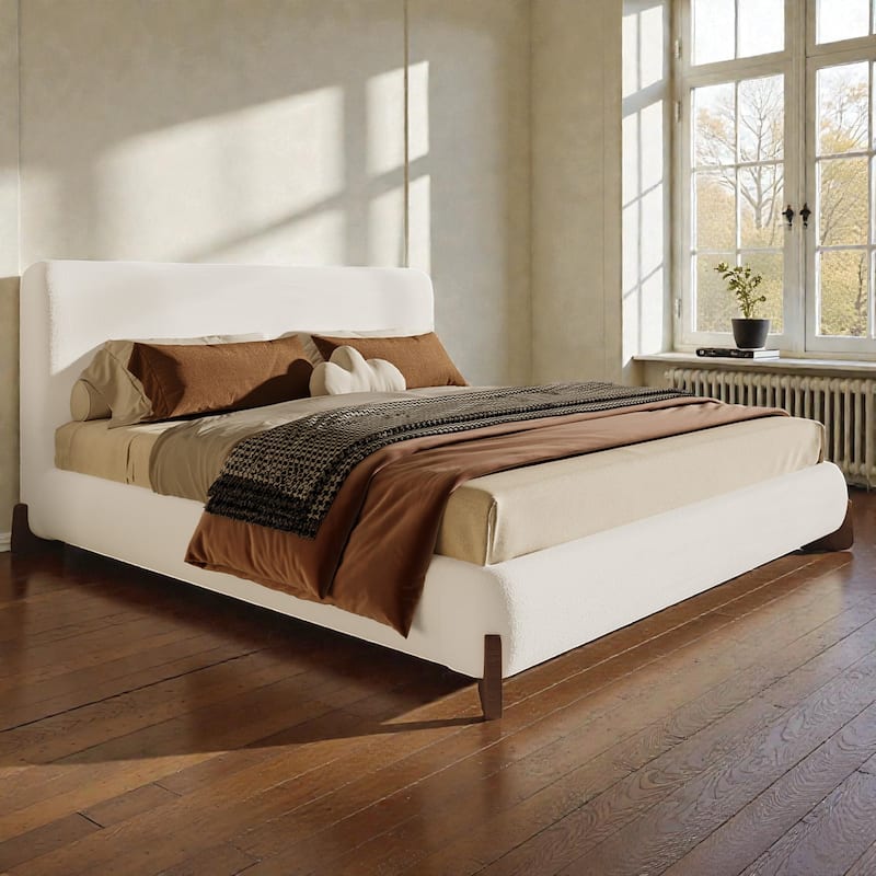 Boucle Upholstered Bed with Solid Wood Legs, Modern Queen/King Platform Bed, Soft Fabric Bedroom Centerpiece - White - Queen