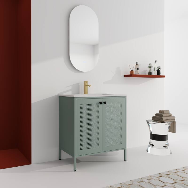 Freestanding Bathroom Vanity with Ceramic Sink, Adjustable Shelves, Cold Rolled Steel Cabinet, Double Door Design, Modern Style