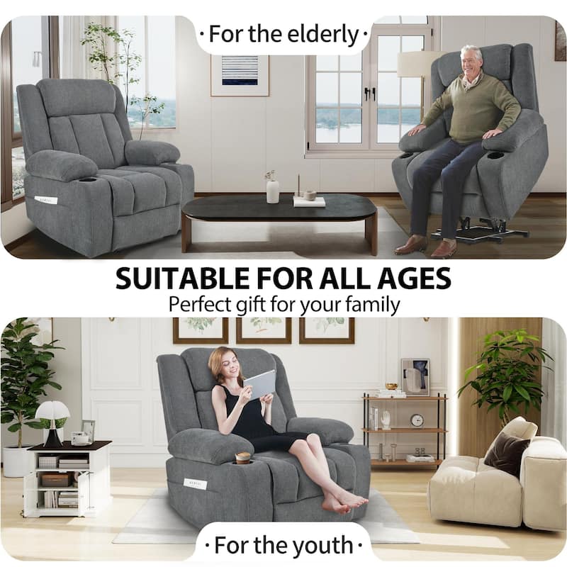 Power Lift Recliner Chair with Extended Footrest, Home Theater Lounge Sofa with Remote Control, Cup Holders & Side Pockets