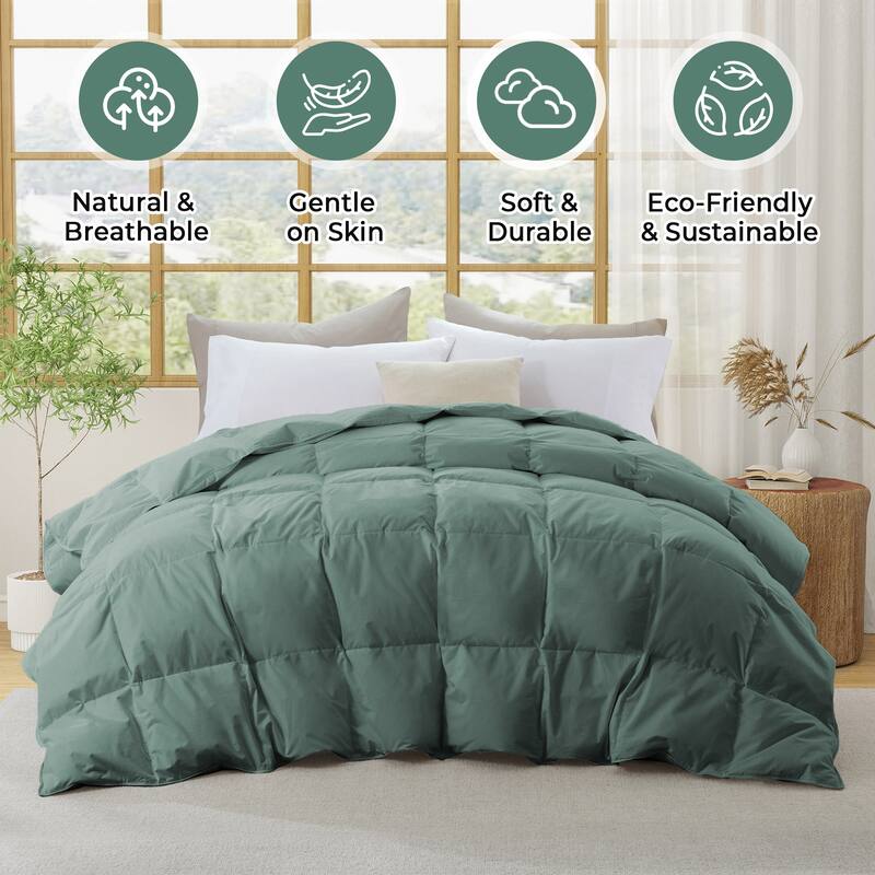 Medium Warmth 300TC Organic Cotton Down Comforter - 100% Natural, Chemical-Free, All Season Duvet Insert - King - Green
