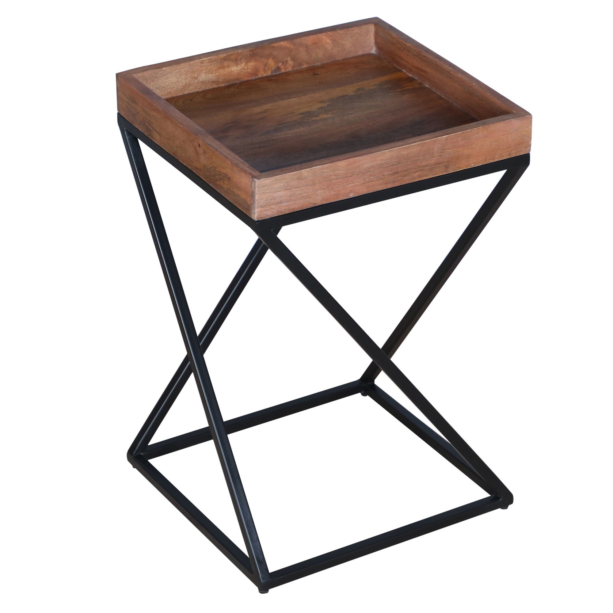 Industrial End Side Table with Mango Wood Tray Top, X Shape Frame 