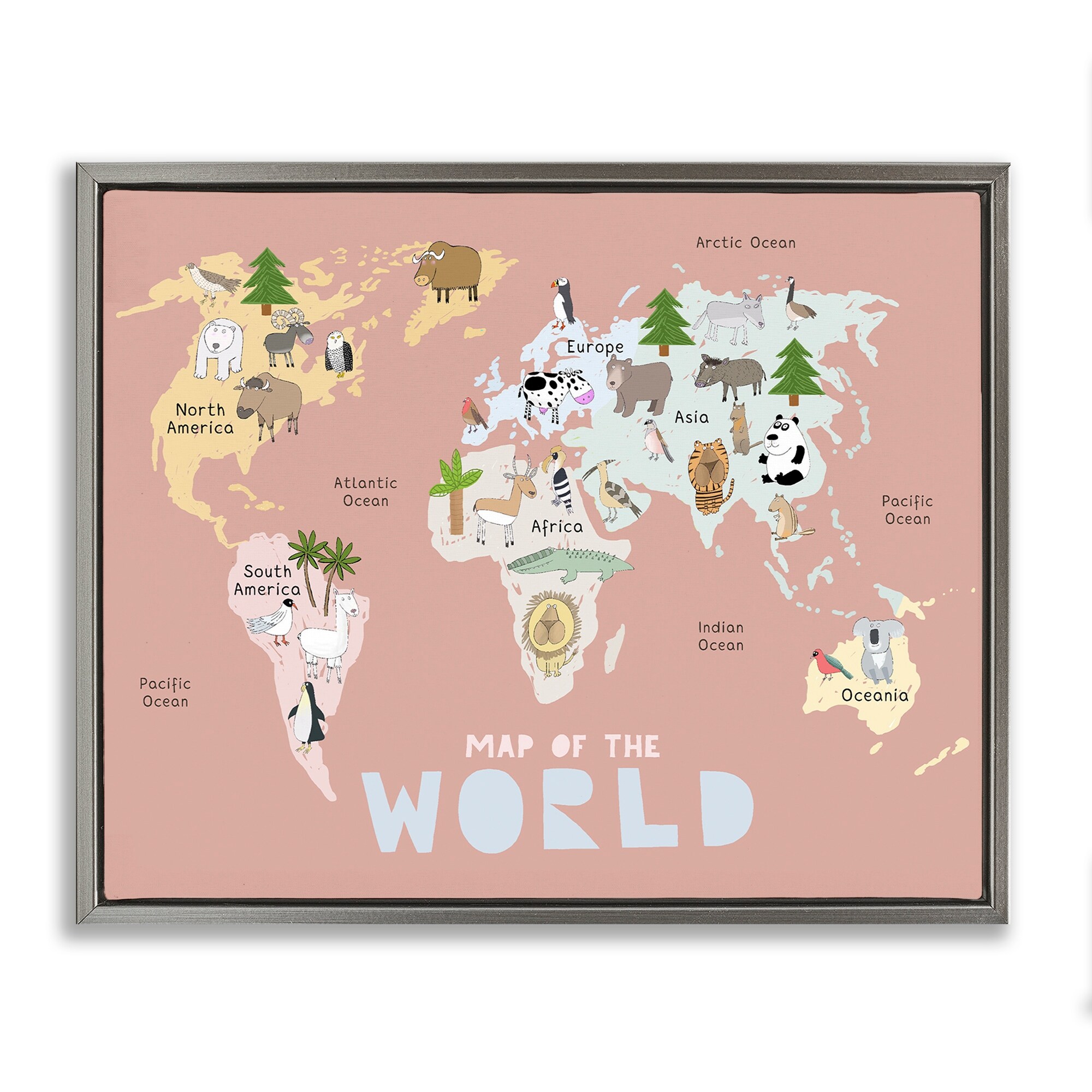 Stupell Kid's Map Of World Pink Framed Floater Canvas Wall Art Design By Carla Daly
