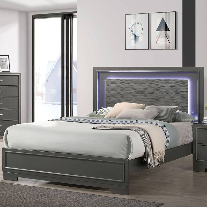 Furniture of America Lalt Modern 6-Piece Metallic Grey Wood Panel Bedroom Set with LED Light