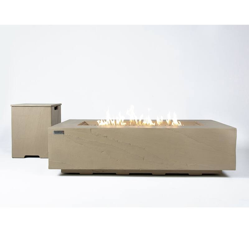 Elementi Plus Meteora Outdoor Fire Pit Table Concrete Rectangular 60000 BTU - 55.9 x 31.9 inches with Lid, Fire Glass, and Cover