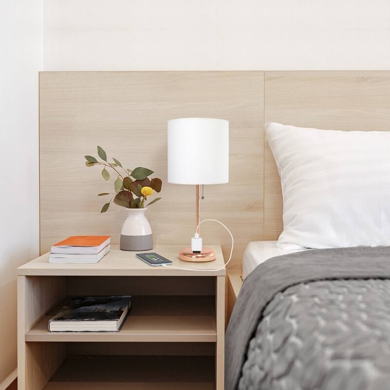 19.5" Power Outlet Metal Lamp in Rose Gold w White Shade