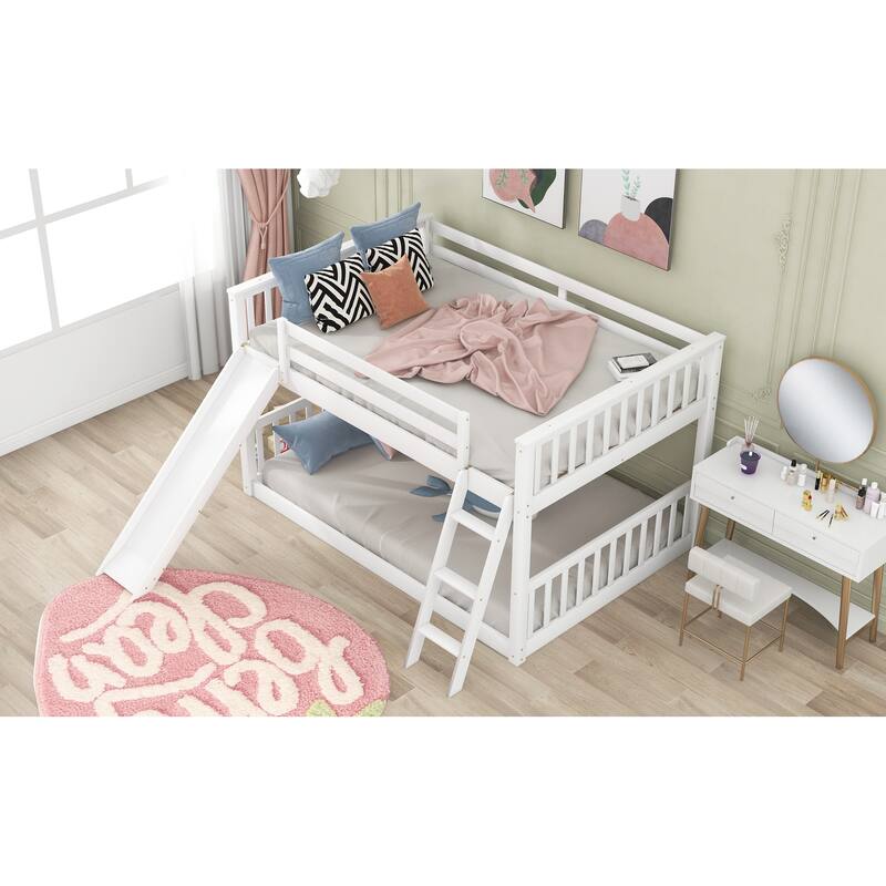Floor Bunk Bed with Convertible Slide and Ladder, Wood Bunk Bedframe with Full-Length Guardrail Space-saving Low Bunk Bed