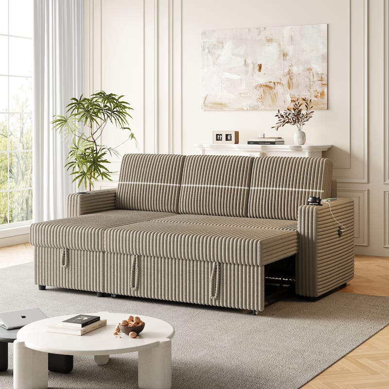 3-Seater Sleeper Sofa Bed with Corduroy Fabric, Storage Chaise, USB Charger, and Cup Holders