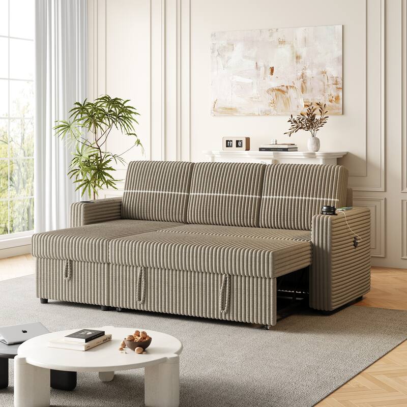 Corduroy Sleeper Sofa Bed with Storage Chaise, Dual Cup Holders, and USB Charging Port Convertible Couch for Living Room