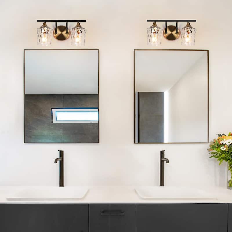 Modern 2-Light Black Gold Bathroom Vanity Lights with Hammered Glass Shades - L 14"x W 7"x H 7"