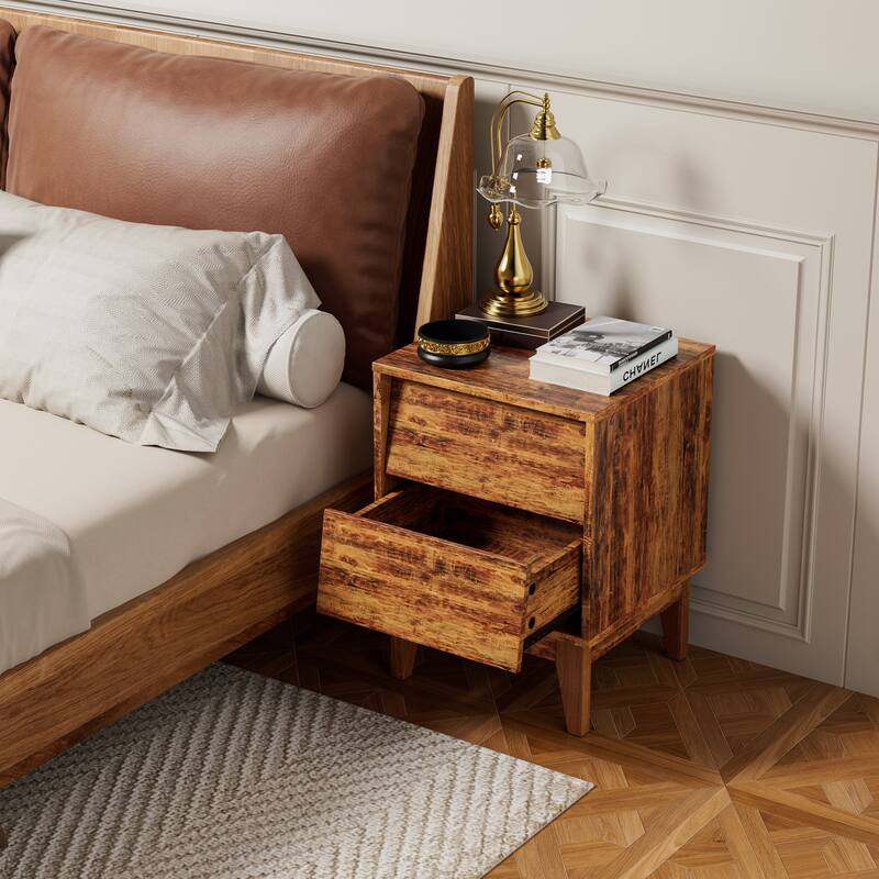 Set of 2 Mid-Century Modern MDF Nightstands, Bedside Storage Cabinet with Hidden Drawer Pulls, Side Table with Solid Wood Legs