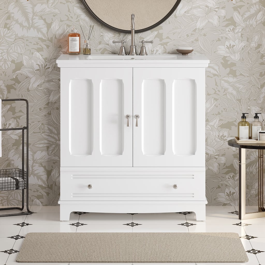 30" Bathroom Vanity with Ceramic Sink, Solid Wood Frame Bathroom Sink Cabinet with Adjustable Shelf, Drawer with Divider