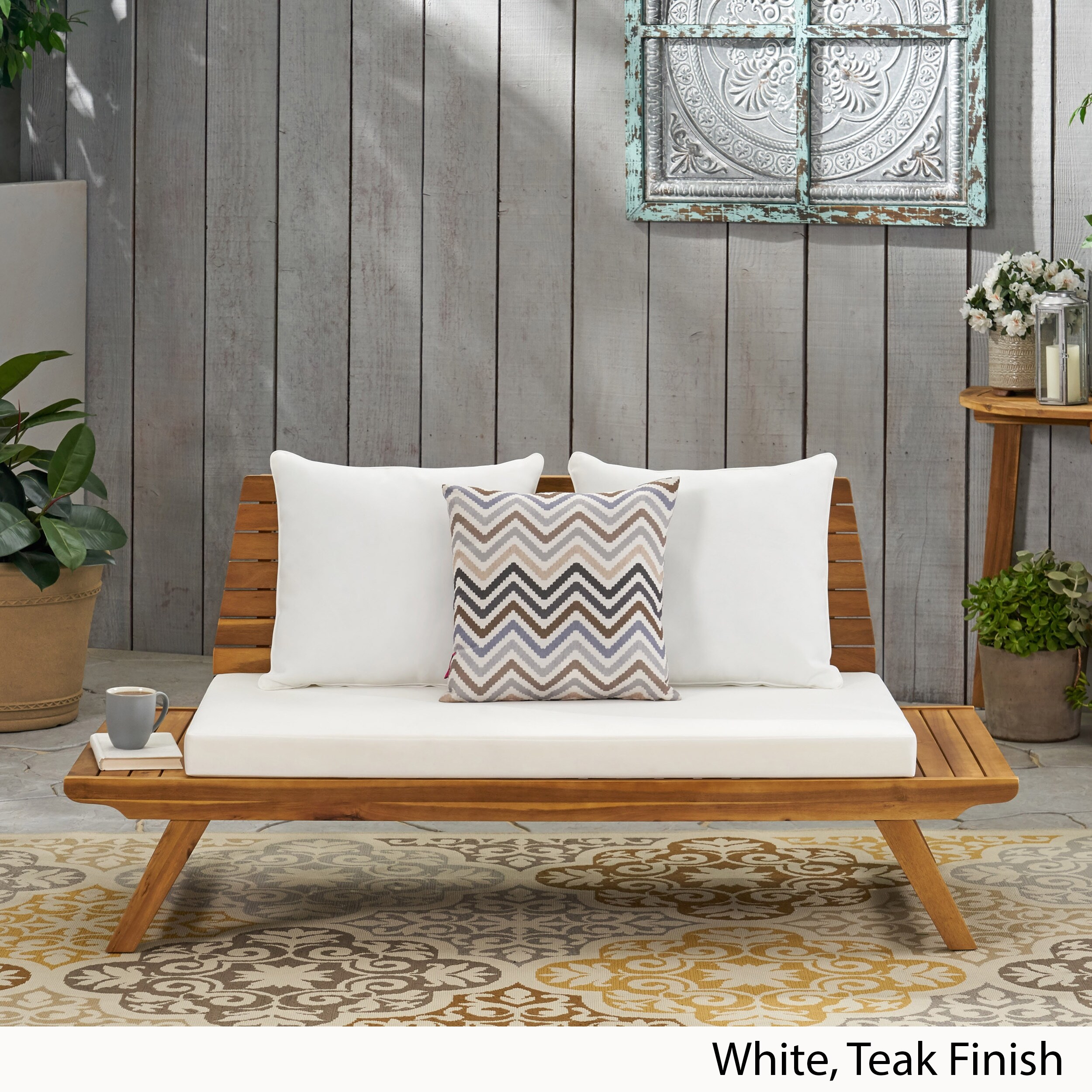 Sedona Outdoor Cushioned Wooden Loveseat By Christopher Knight Home Overstock 27569209 Teak Finish White Cushion