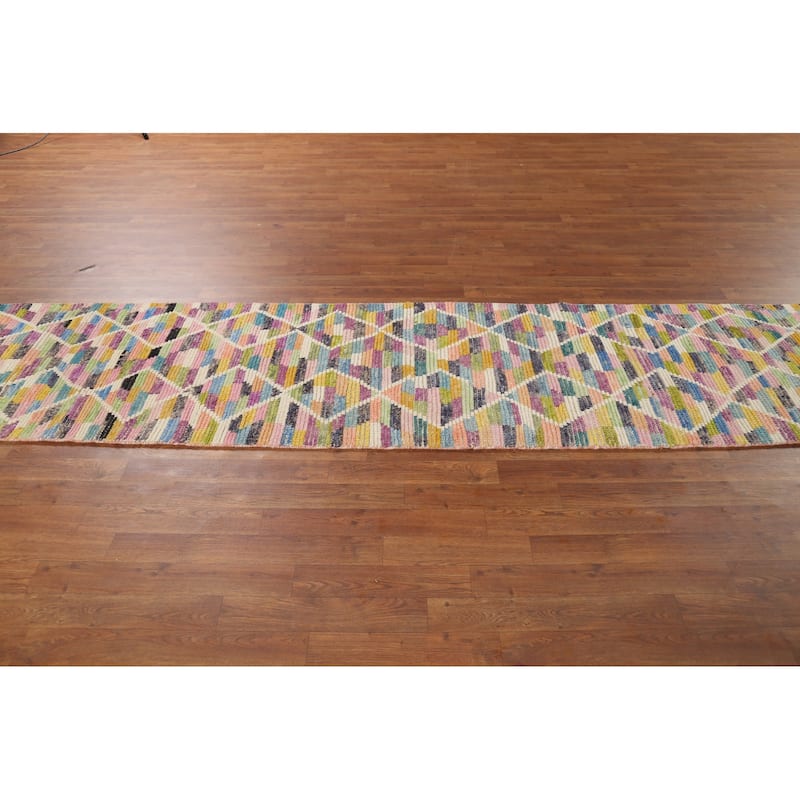 Trellis Striped Moroccan Oriental Runner Rug Handmade Wool Carpet - 2'4"x 12'9"
