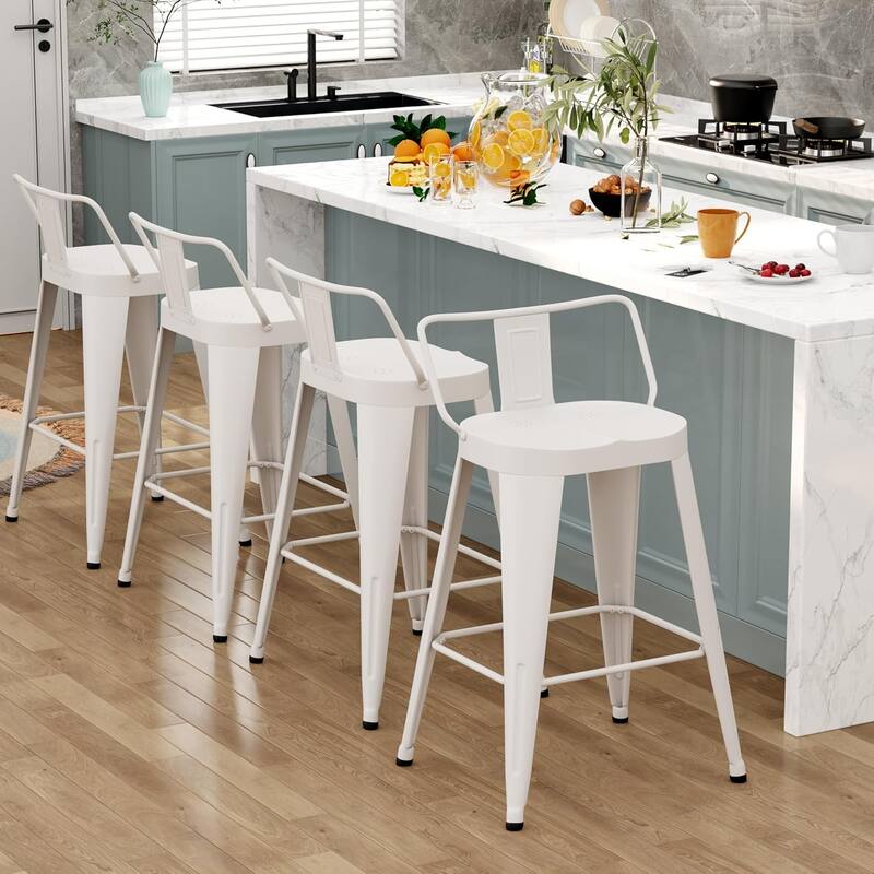 Industrial Metal Counter&Bar Stools Set of 4, 26" and 30" Seat Height Barstools with Large Seat and Low Back for Kitchen Island - White - Bar Height