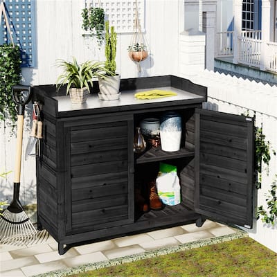Outdoor Potting Bench Table Wood Workstation Storage Cabinet with Hook