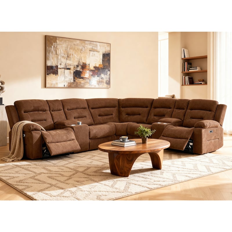 7PCS, 2 Power Recliners, Fabric Reclining Sectional with Power Headrest & Lumber