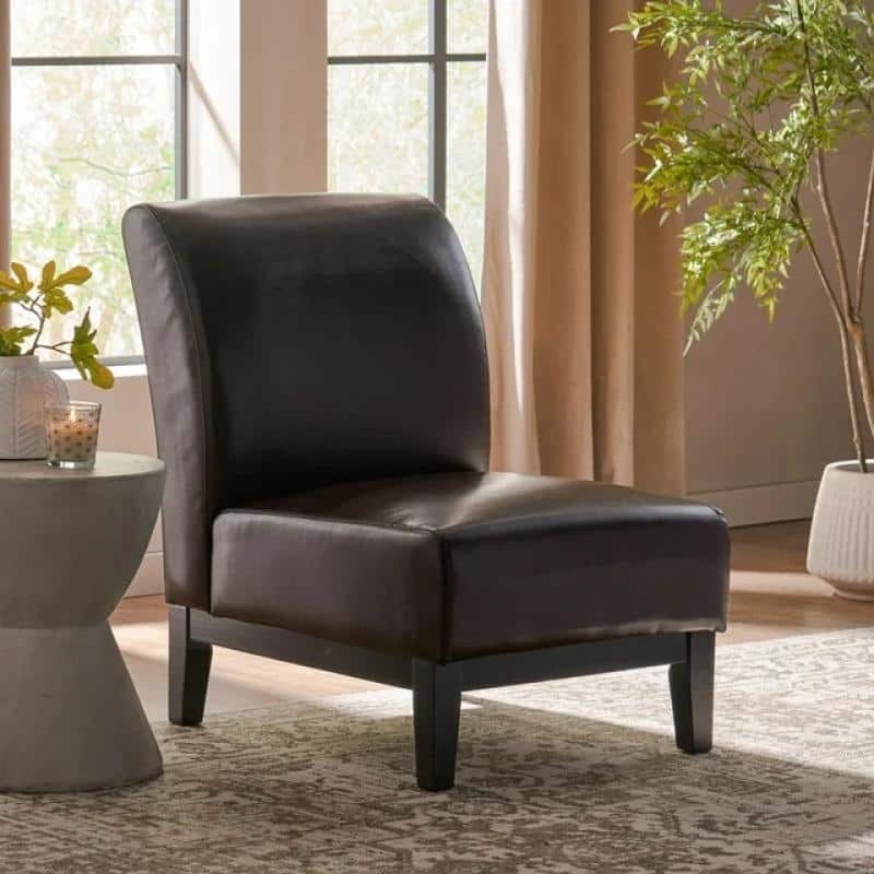 Roomfitters Modern Armless Lounge Chair with Faux Leather Upholstery, Brown
