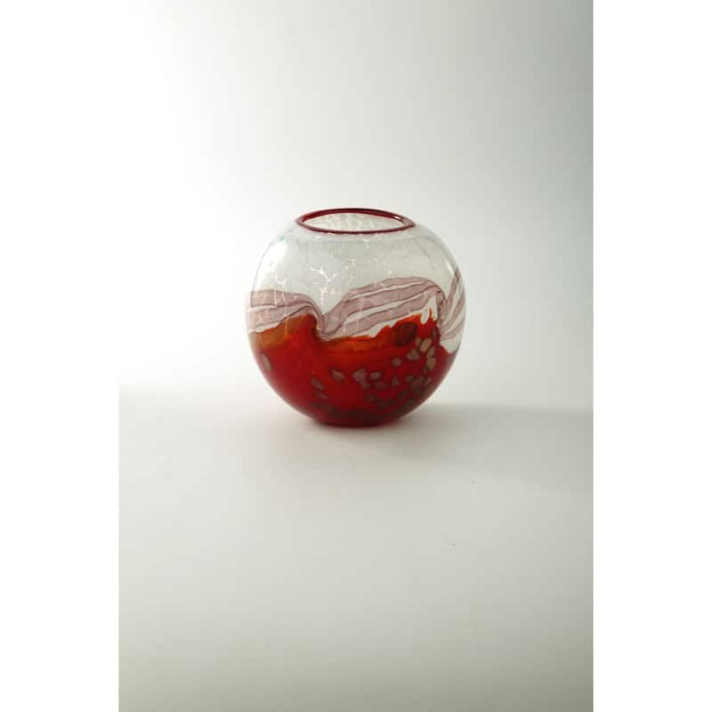 handblown spherical glass vase 6.5" white and red