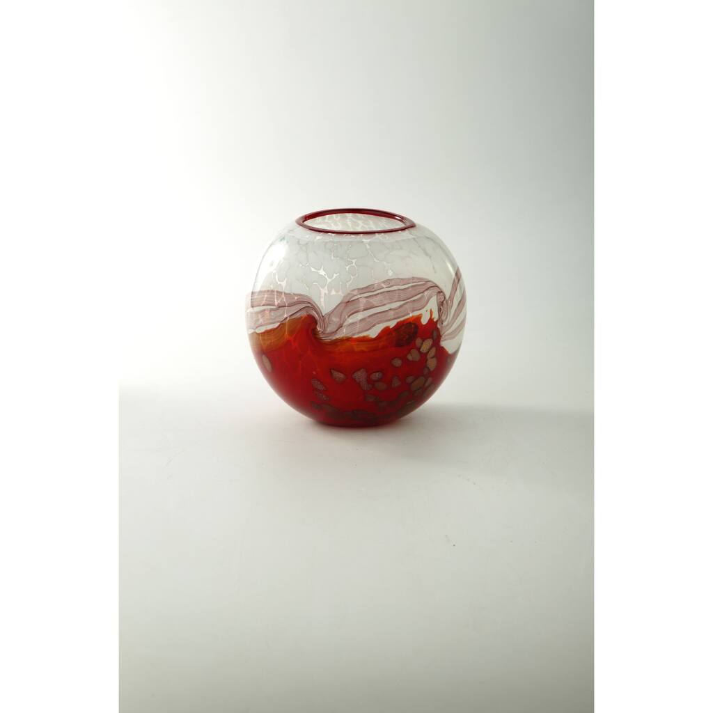 handblown spherical glass vase 6.5" white and red