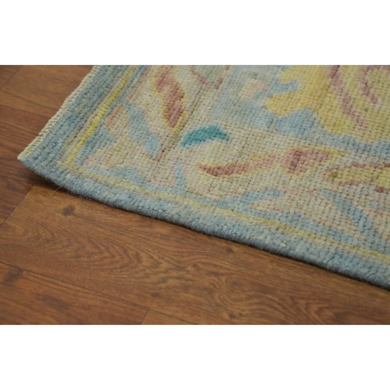 Floral Blue Oushak Vegetable Dye Area Rug, Floral Geometric Carpet - 9' 9'' X 8' 5''