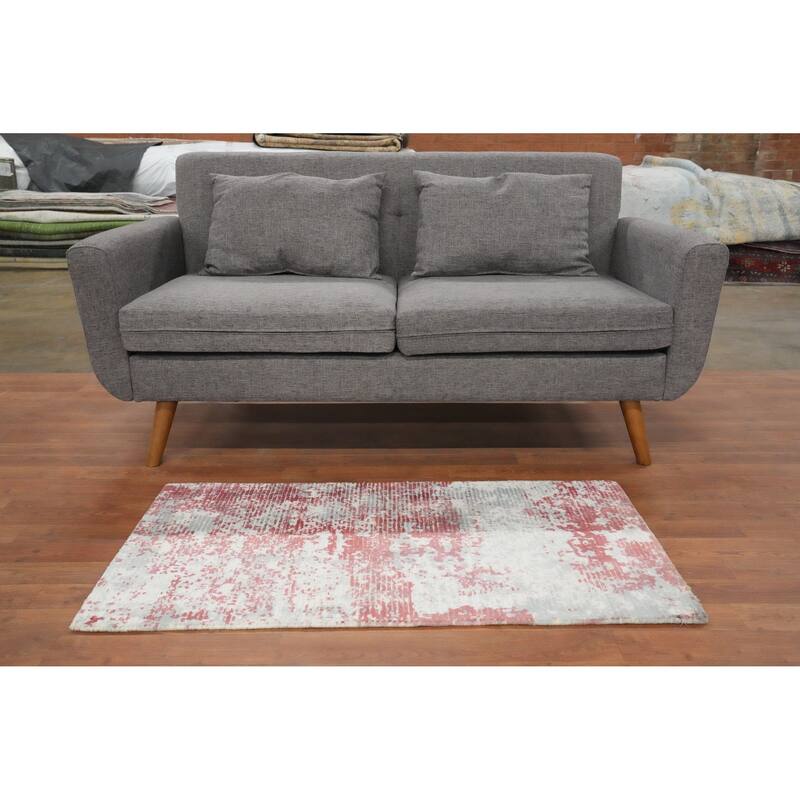 Hand Knotted Oriental Viscose Silk Carpet Modern All-Over Multi-Colored Abstract Area Rug - 4' 0'' X 2' 0''