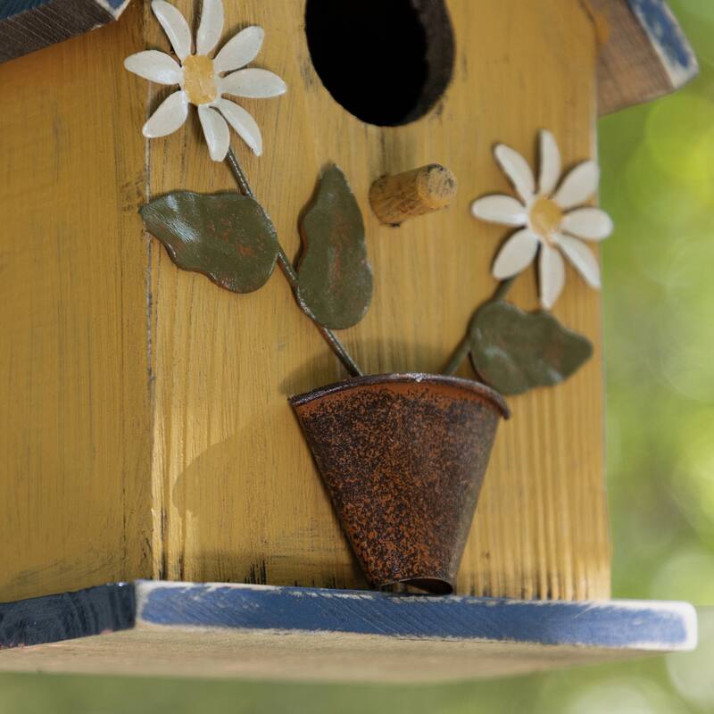 Glitzhome 12.25"H Washed Yellow Distressed Solid Wood Cottage Garden Birdhouse with Bees and Flowers