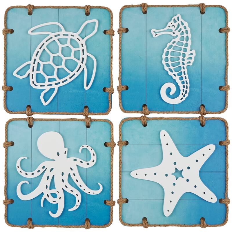 Blue Wooden Ombre Sea Life Home Wall Decor with Rope Accents (Set of 4)