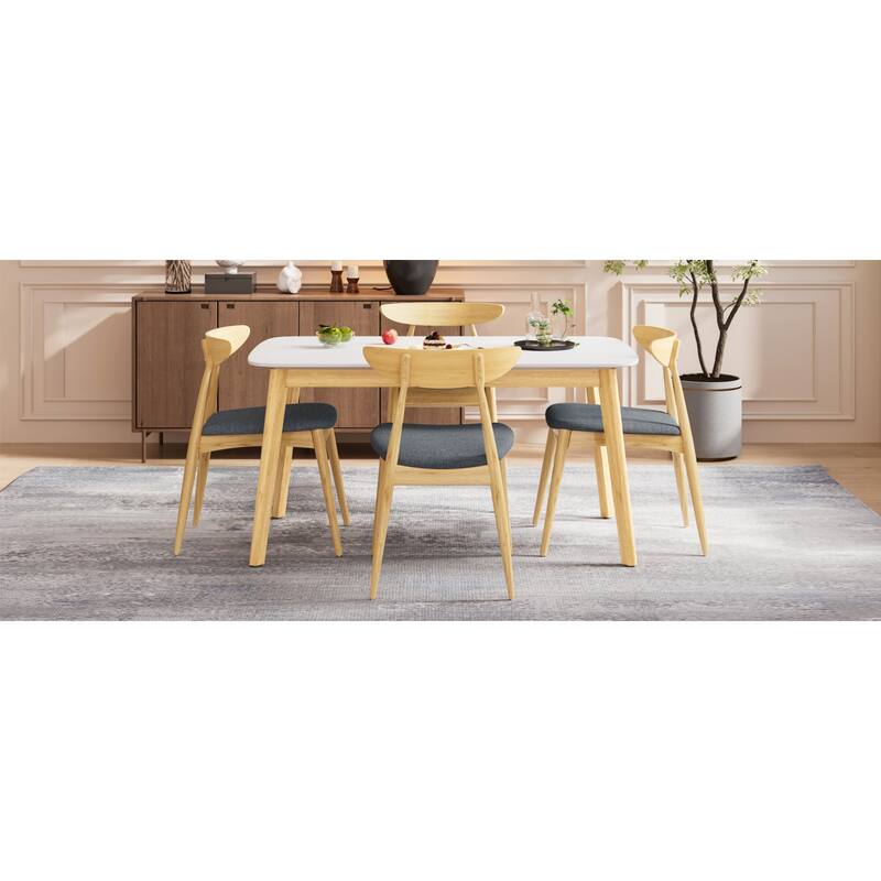 Roomfitters 5-Piece Scandinavian Dining Set, 59" White Oak Table with 4 Ergonomic Beige Upholstered Chairs