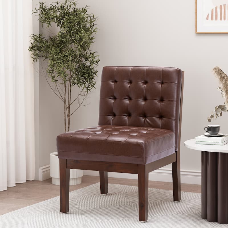 Dark Brown Modern 22.25" PU Upholstered Button Tufted Accent Chair with Rubber Wood Legs