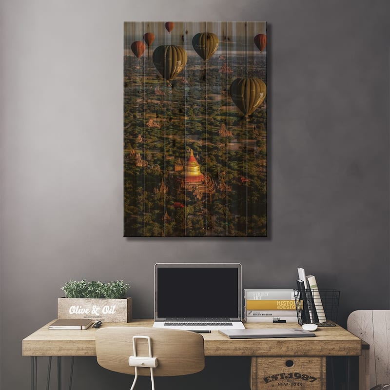 Myanmar Old Bagan Temples Hot Air Balloon II Print On Wood by Alex G Perez - Multi-Color