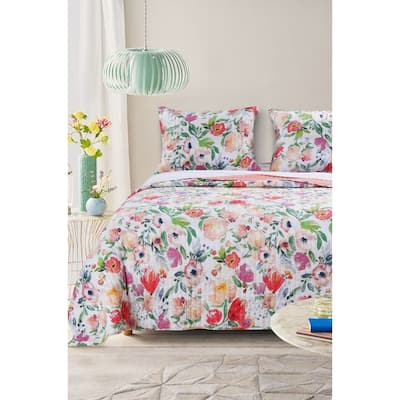 Flower Bloom Print Twin Size Quilt Set In Multicolor