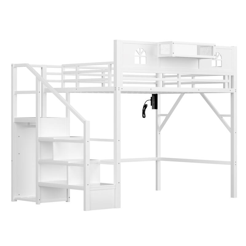 Roomfitters Full/Queen Metal Loft Platform Bed, Staircase Wardrobe and LED Charging Station with House Guardrails for Bedrooms