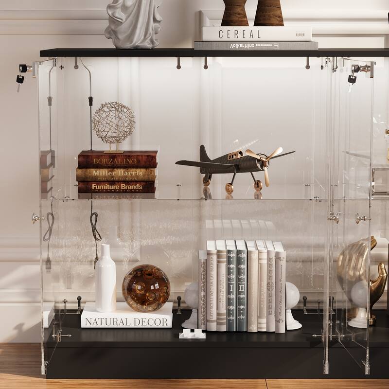 Black Bookcase Glass Display Cabinet with LED Lights, Modern Storage Showcase for Bags, Shoes, Liquor & Collectibles